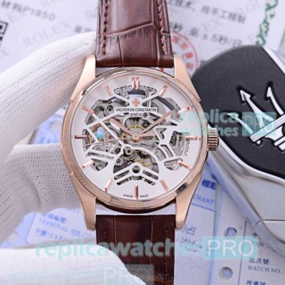 New Style Copy Vacheron Constaintin Patrimony White Hollow Dial Brown Leather Strap Watch